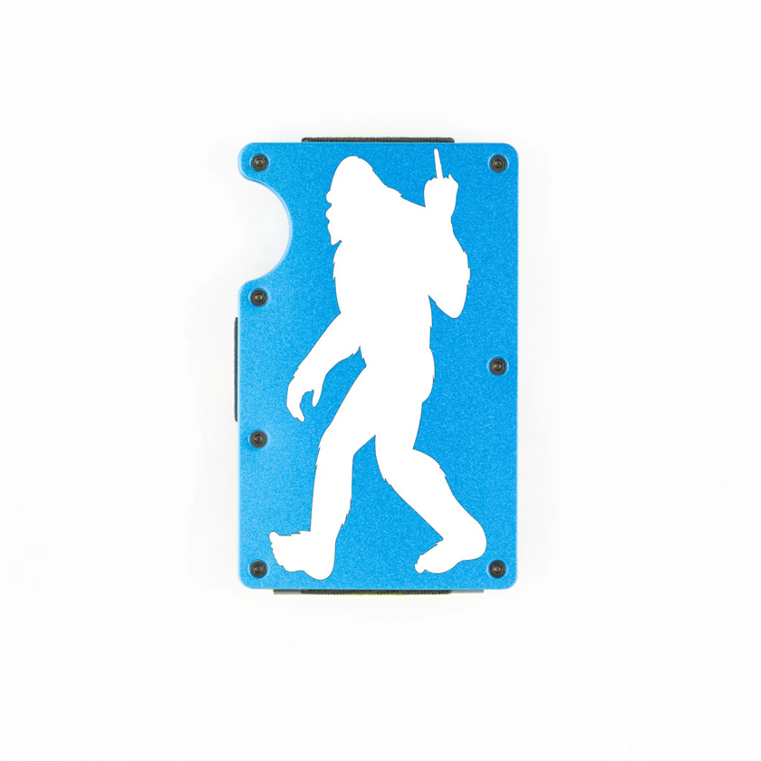 Blue aluminum RFID wallet with Bigfoot flipping the bird engraving