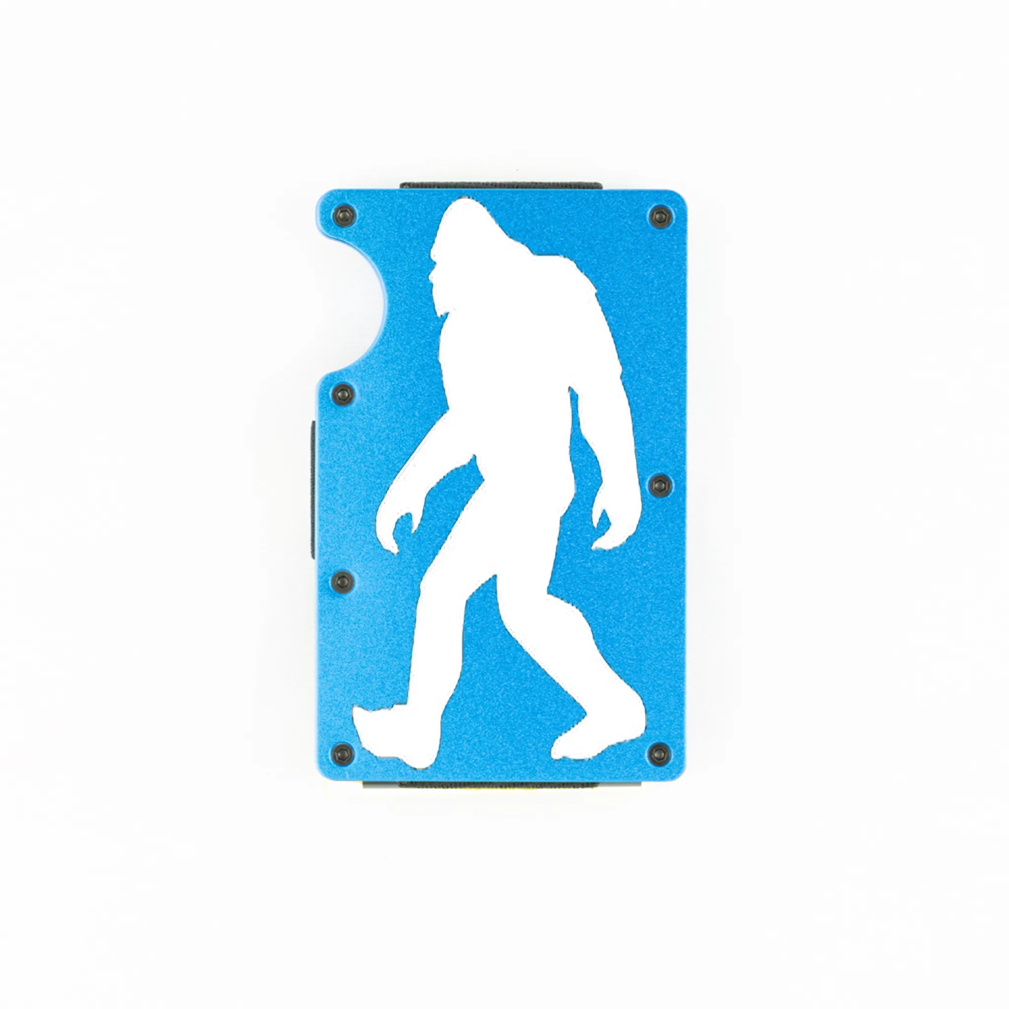 Blue aluminum RFID wallet with engraved Bigfoot walking silhouette