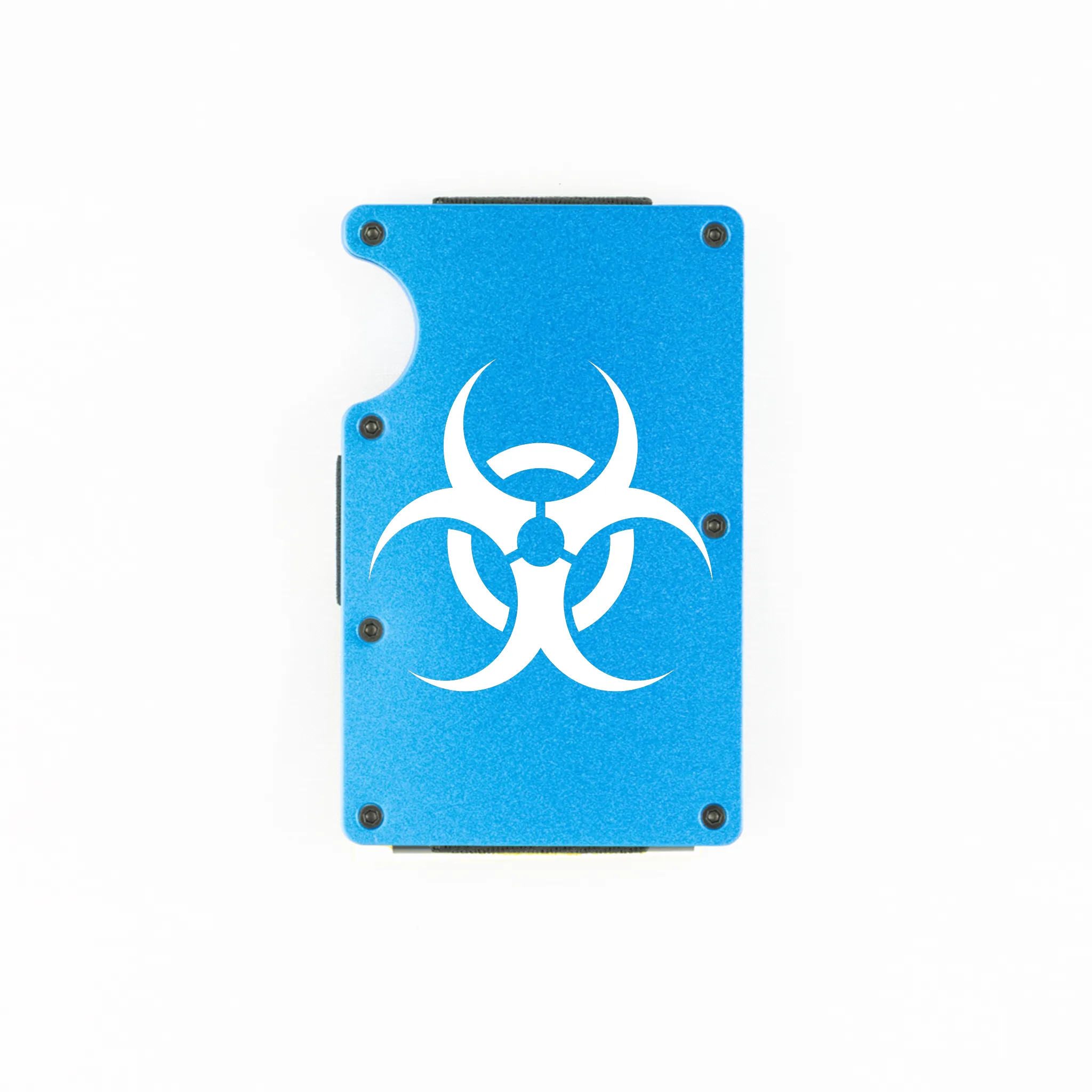 Blue aluminum RFID wallet with biohazard symbol engraving on front