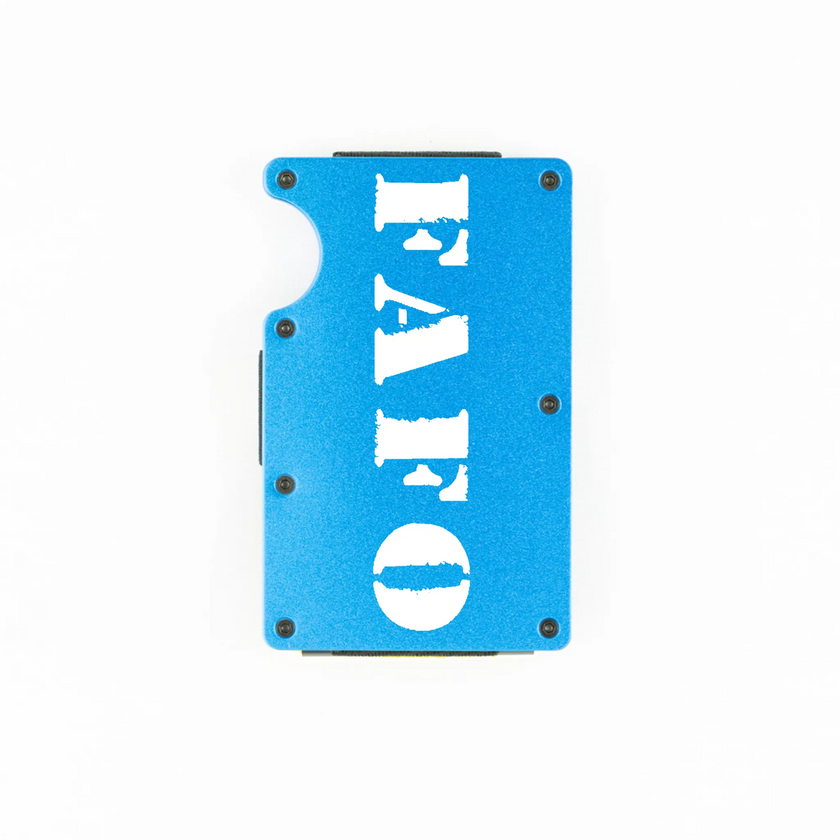 Blue aluminum RFID wallet with bold FAFO stencil engraving on front