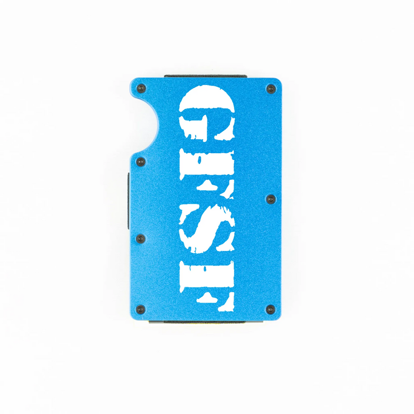 Blue aluminum RFID wallet with GFSF stencil engraving on front