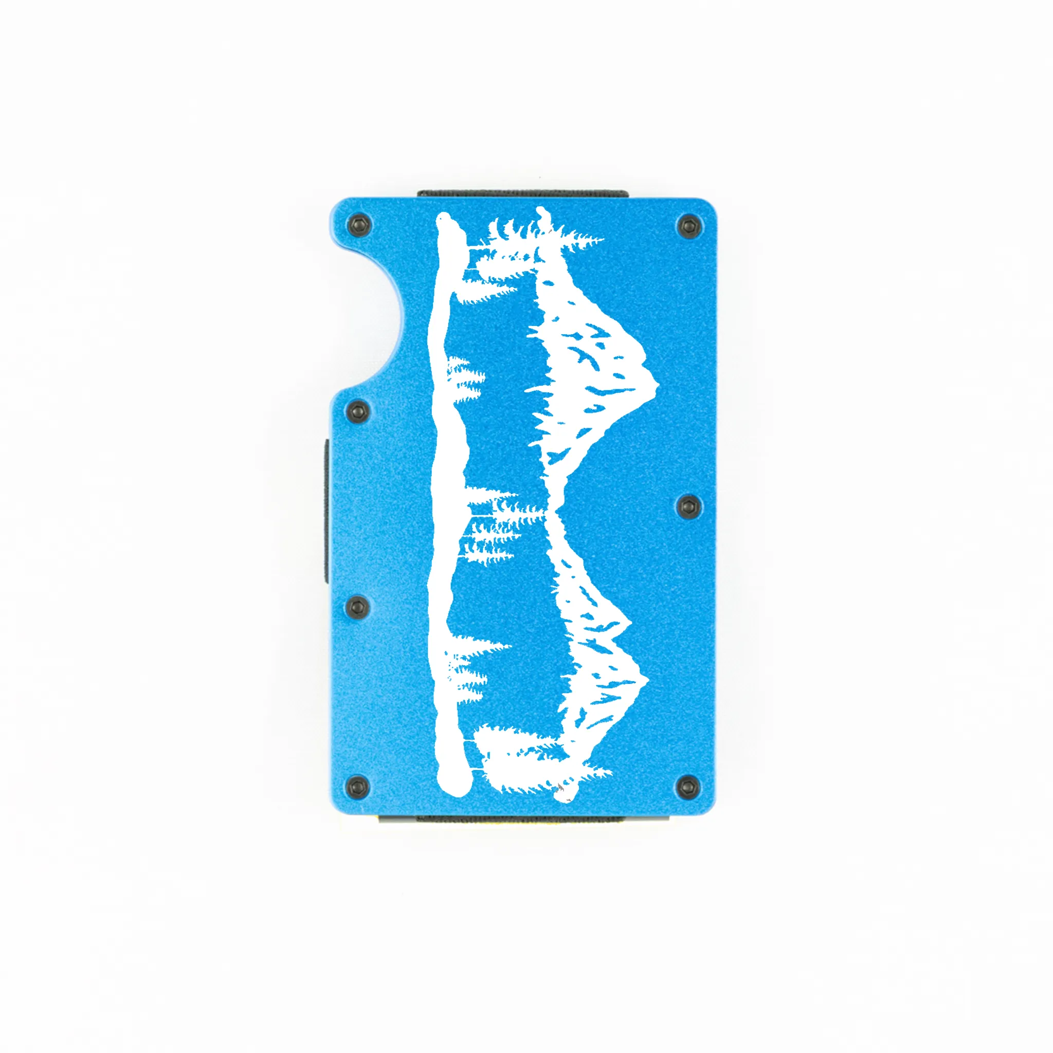 Blue aluminum RFID wallet with laser-engraved mountain range on front