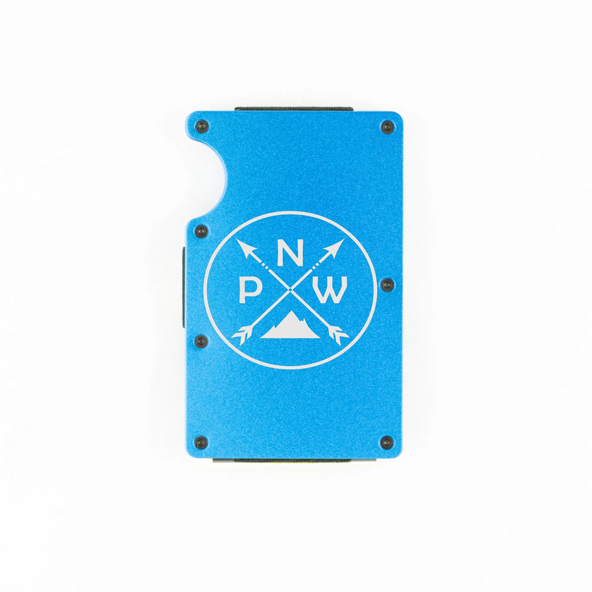Blue aluminum RFID wallet with PNW mountain and crossed arrows engraving