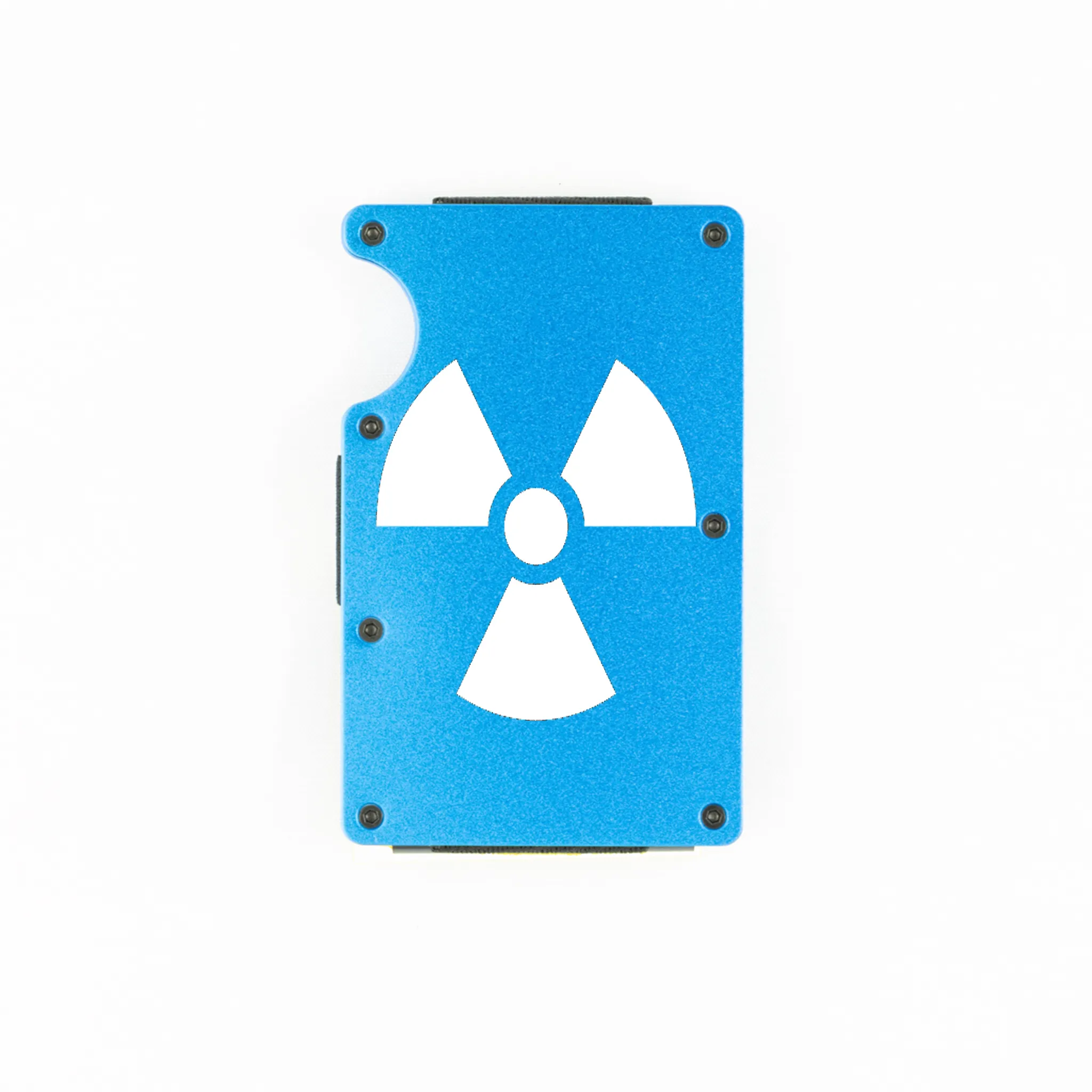 Blue aluminum RFID wallet with radioactive symbol engraving