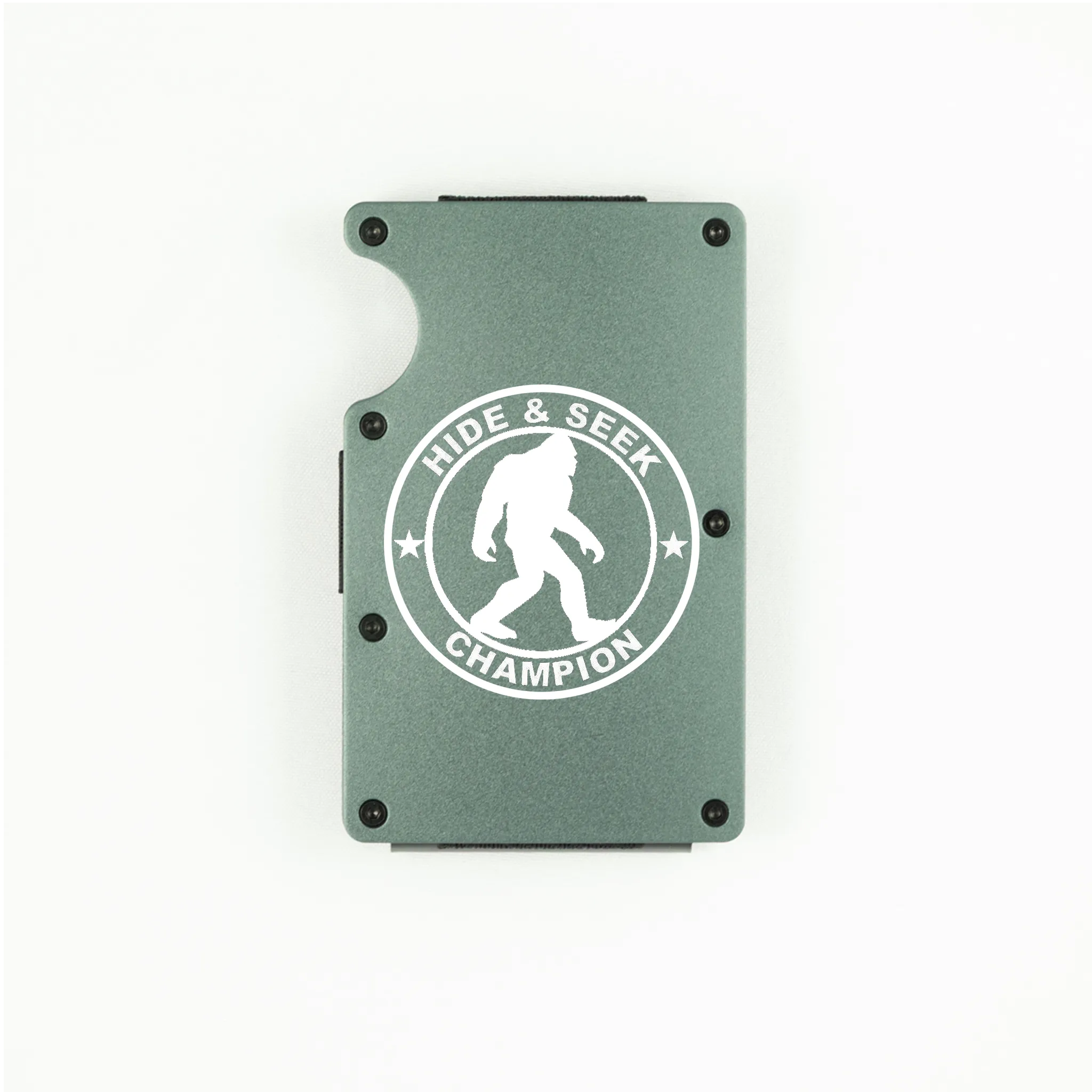 Dark grey aluminum RFID wallet with engraved Hide and Seek Champion Bigfoot badge