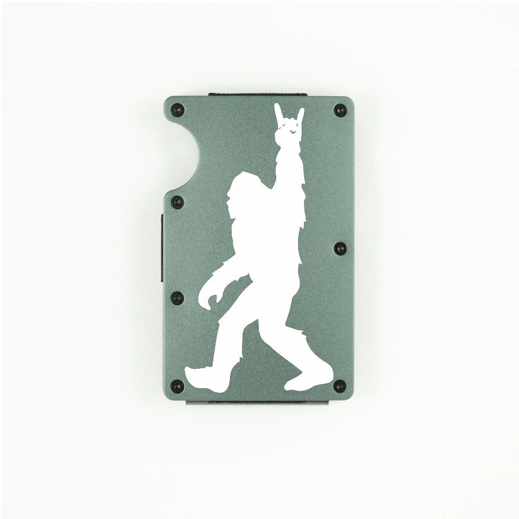 Dark grey aluminum RFID wallet with engraved Bigfoot doing rock on hand gesture