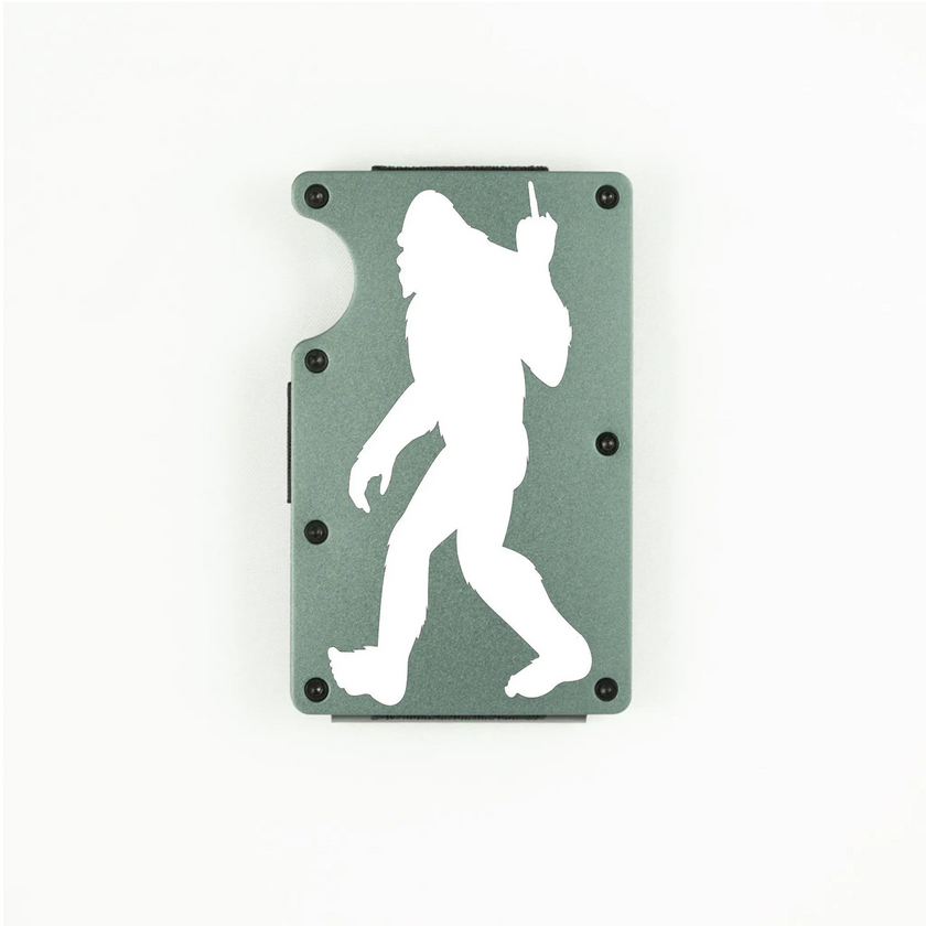 Dark greyaluminum RFID wallet with Bigfoot flipping the bird engraving