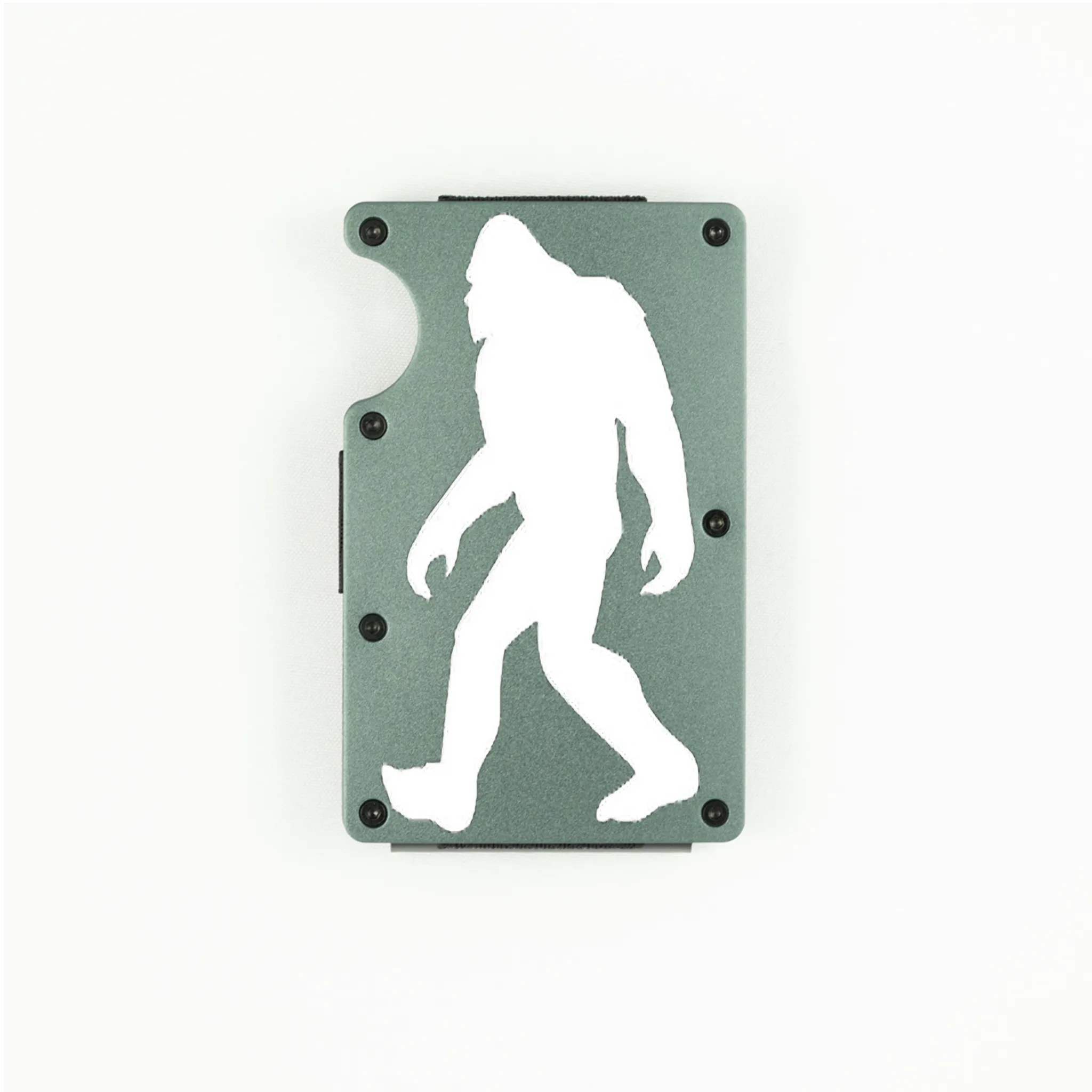 Dark grey aluminum RFID wallet with engraved Bigfoot walking silhouette