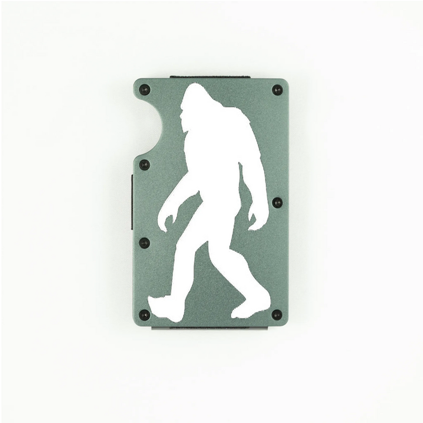 Dark grey aluminum RFID wallet with engraved Bigfoot walking silhouette