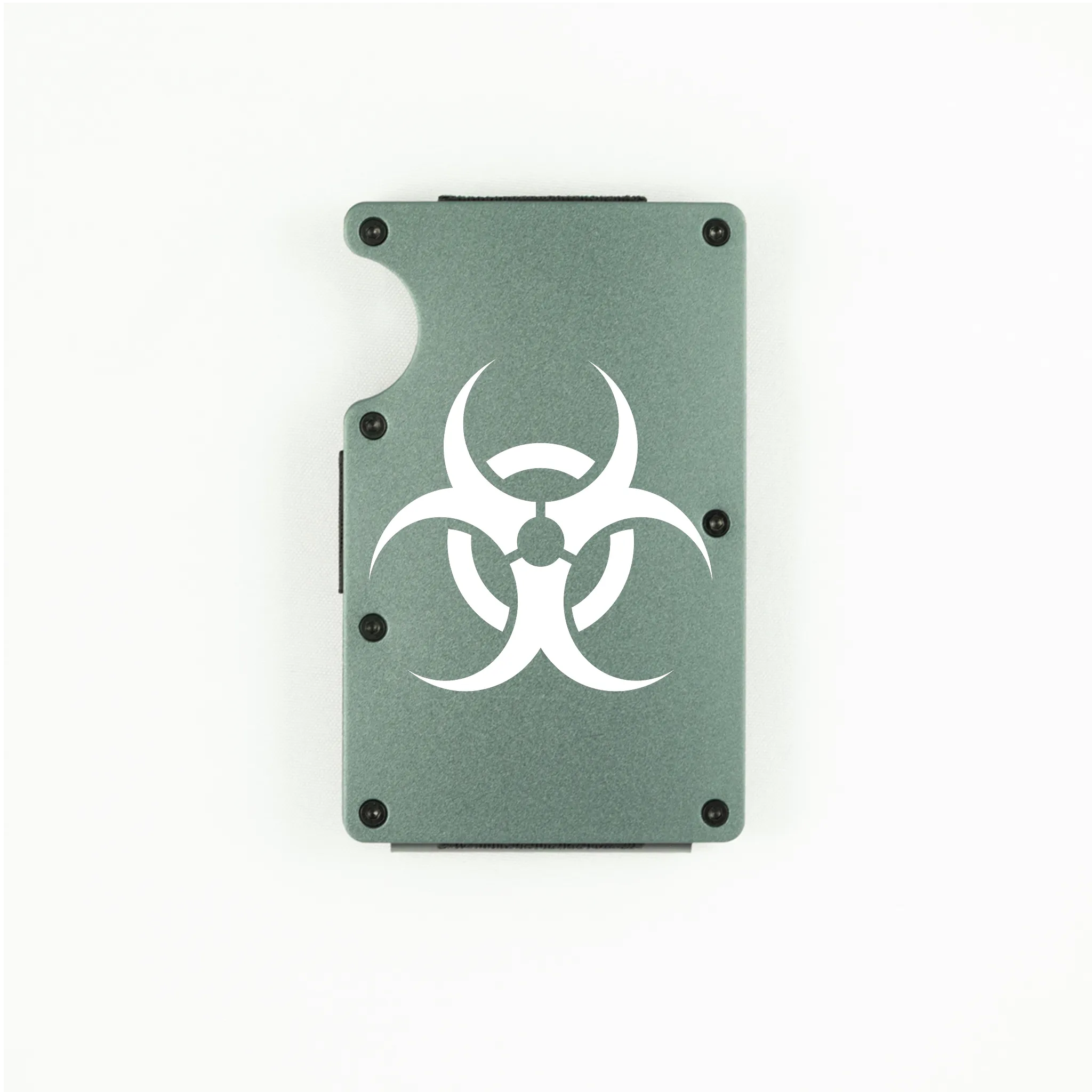 Dark grey aluminum RFID wallet with biohazard symbol engraving on front