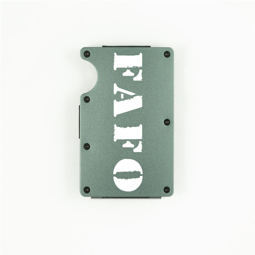 Dark grey aluminum RFID wallet with bold FAFO stencil engraving on front