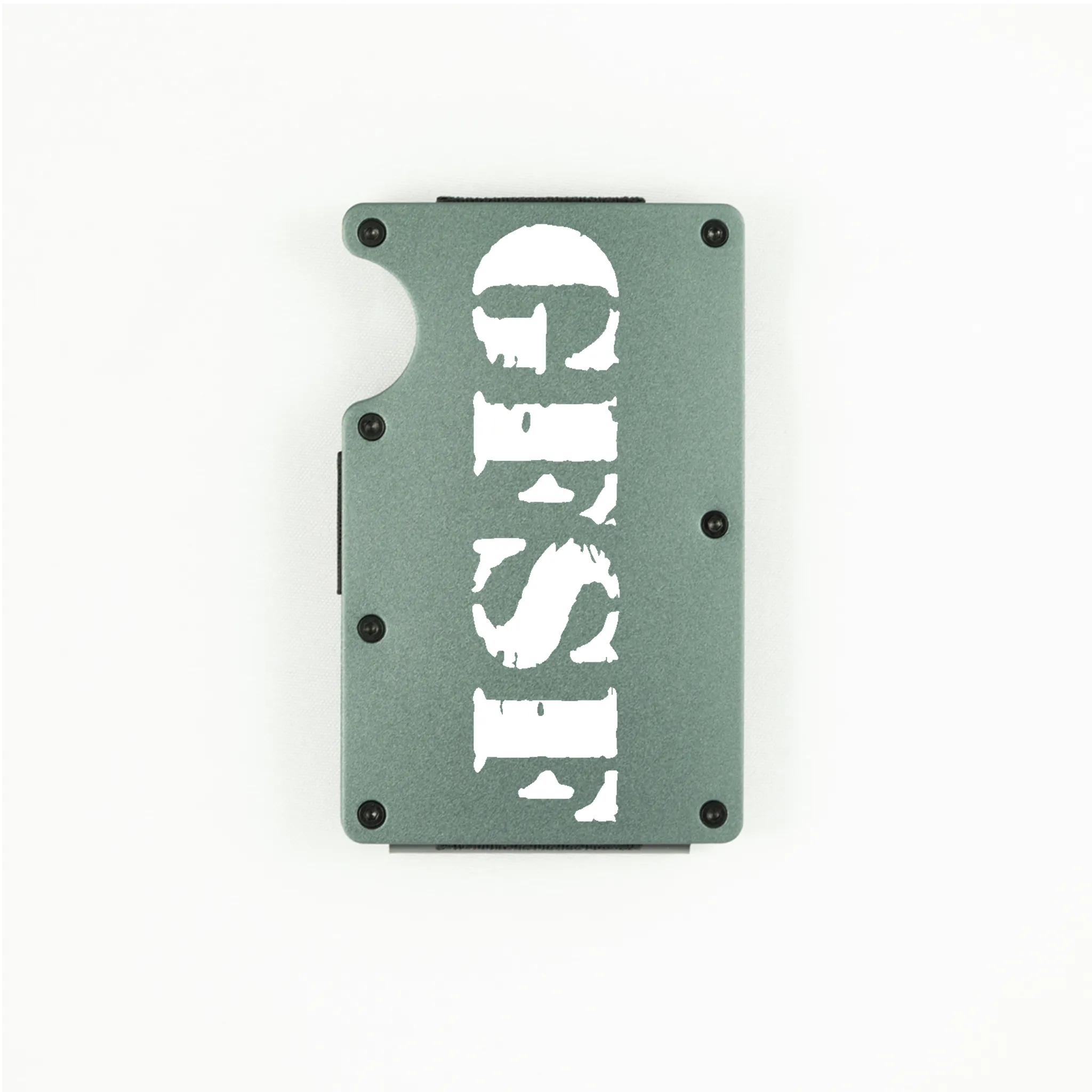 Dark grey aluminum RFID wallet with GFSF stencil engraving on front