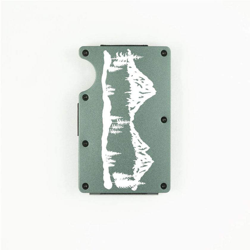 Dark grey aluminum RFID wallet with laser-engraved mountain range on front