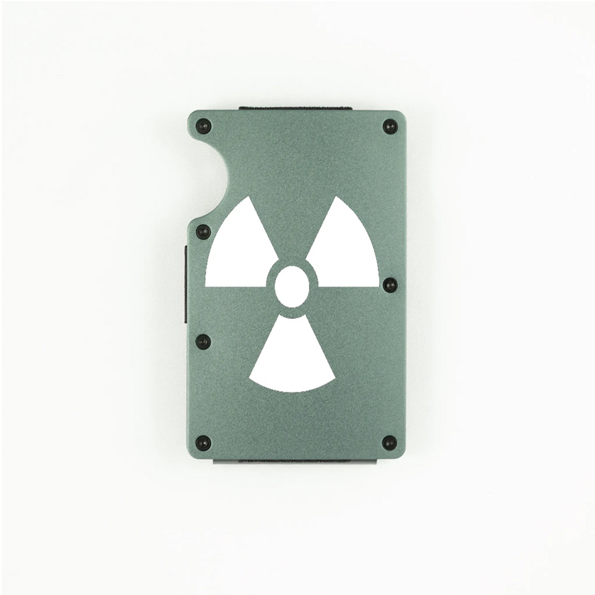 Dark grey aluminum RFID wallet with radioactive symbol engraving
