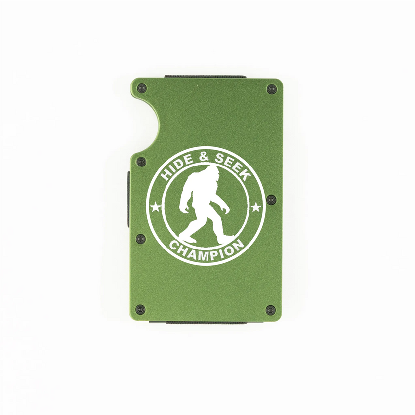 Green aluminum RFID wallet with engraved Hide and Seek Champion Bigfoot badge