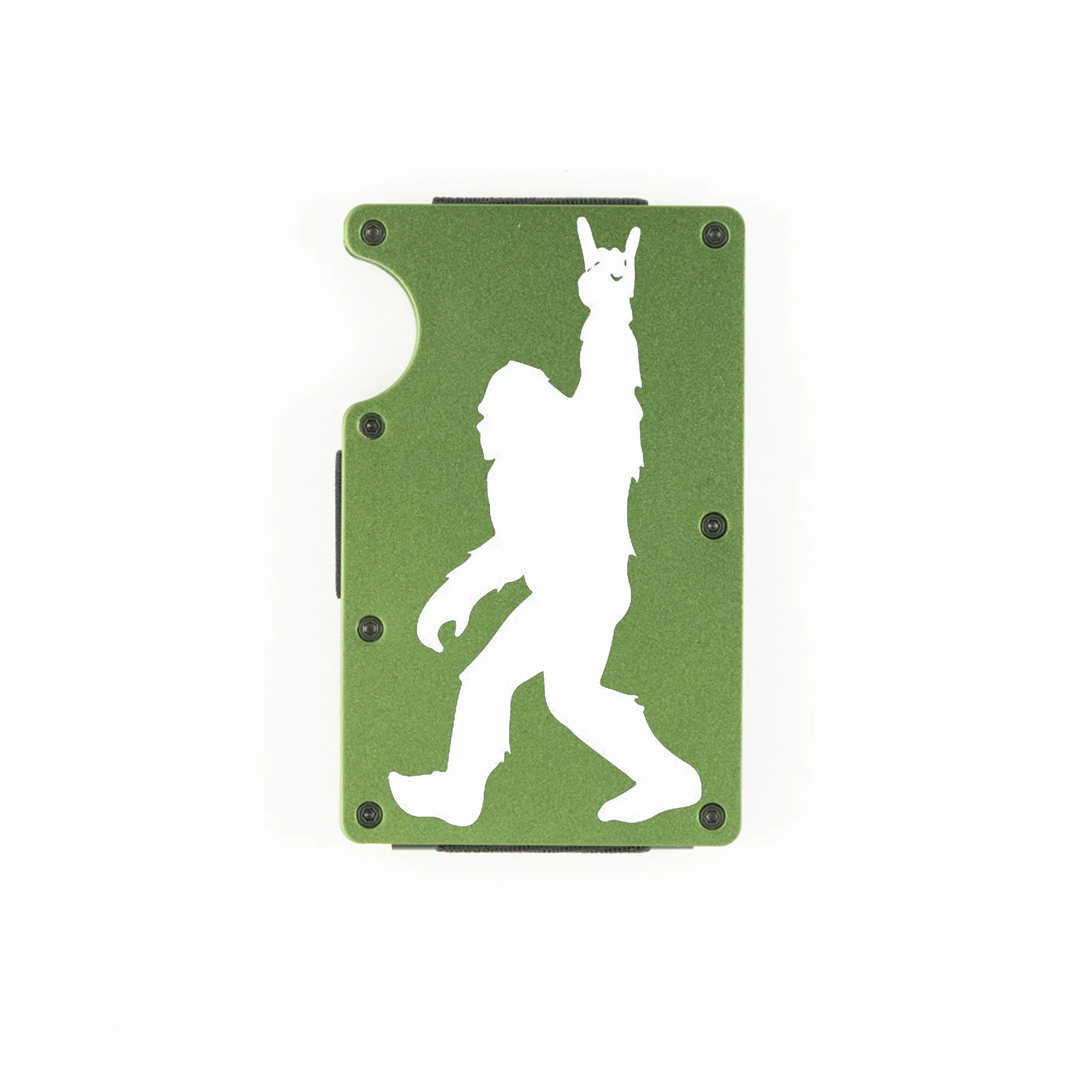 Black aluminum RFID wallet with engraved Bigfoot doing rock on hand gesture