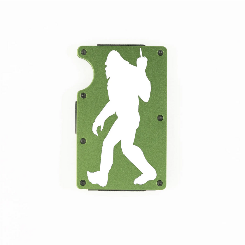 Green aluminum RFID wallet with Bigfoot flipping the bird engraving