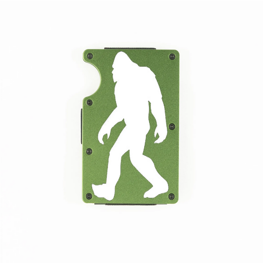 Green aluminum RFID wallet with engraved Bigfoot walking silhouette