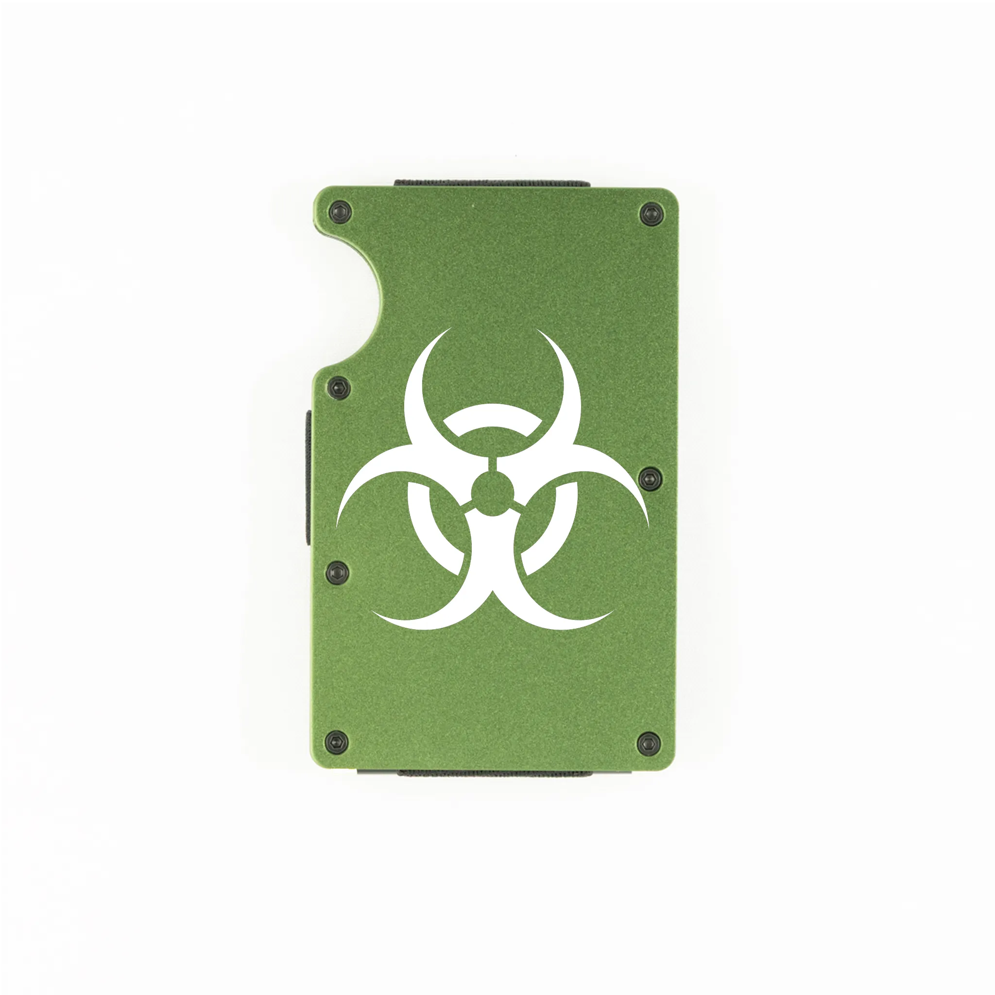 Green aluminum RFID wallet with biohazard symbol engraving on front