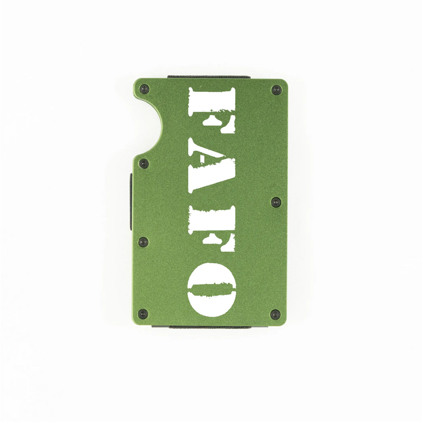Green aluminum RFID wallet with bold FAFO stencil engraving on front
