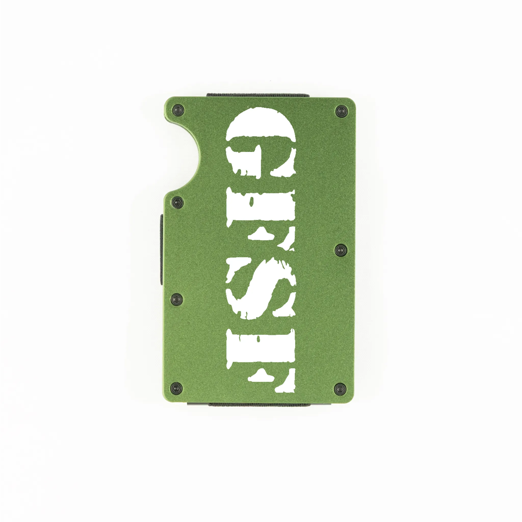 Green aluminum RFID wallet with GFSF stencil engraving on front