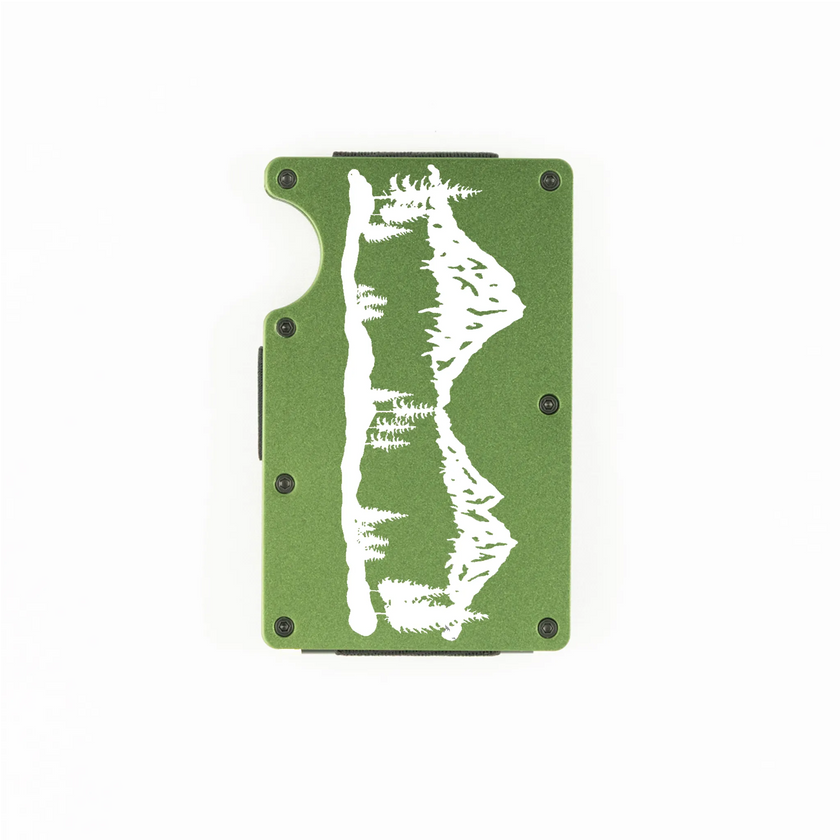 Green aluminum RFID wallet with laser-engraved mountain range on front