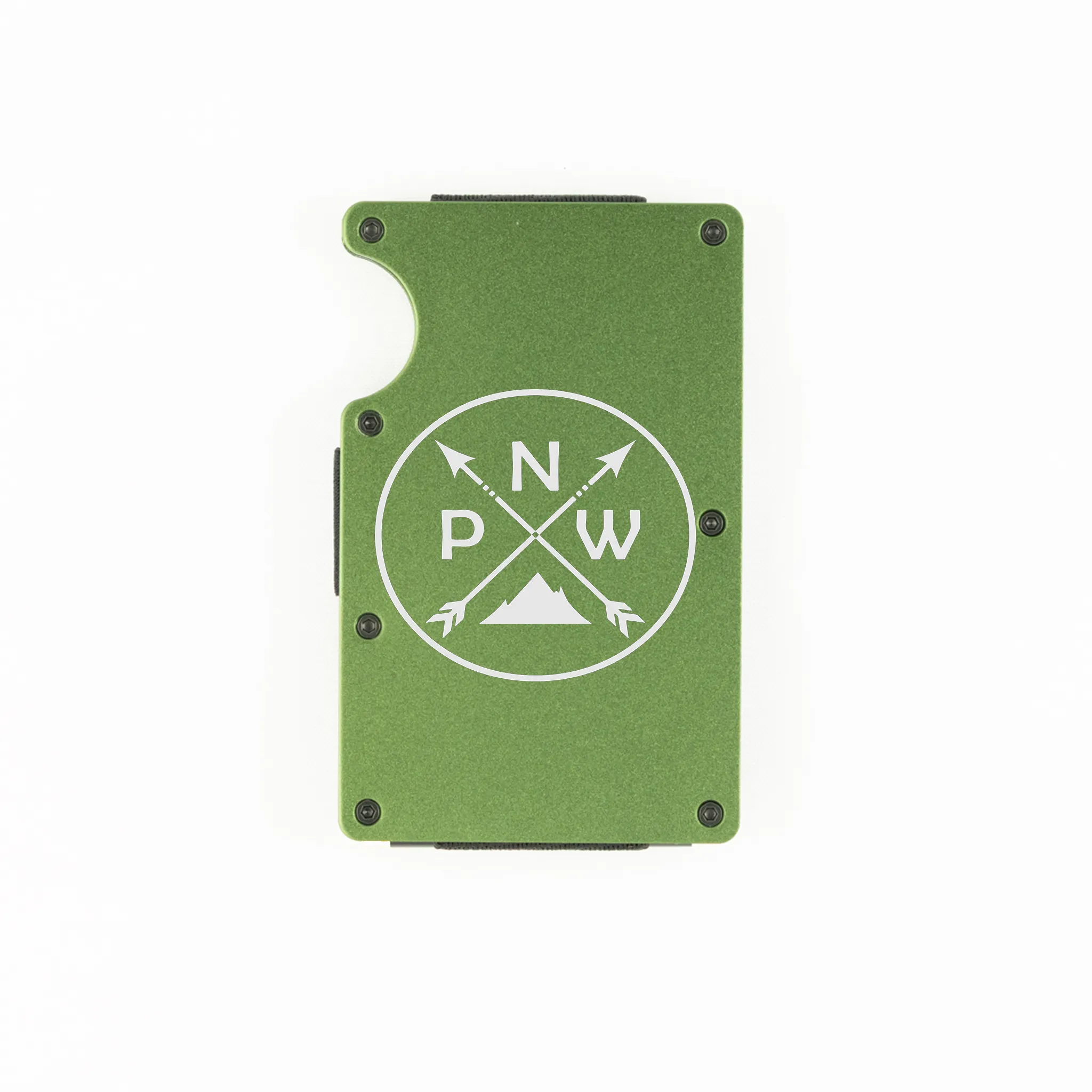 Green aluminum RFID wallet with PNW mountain and crossed arrows engraving