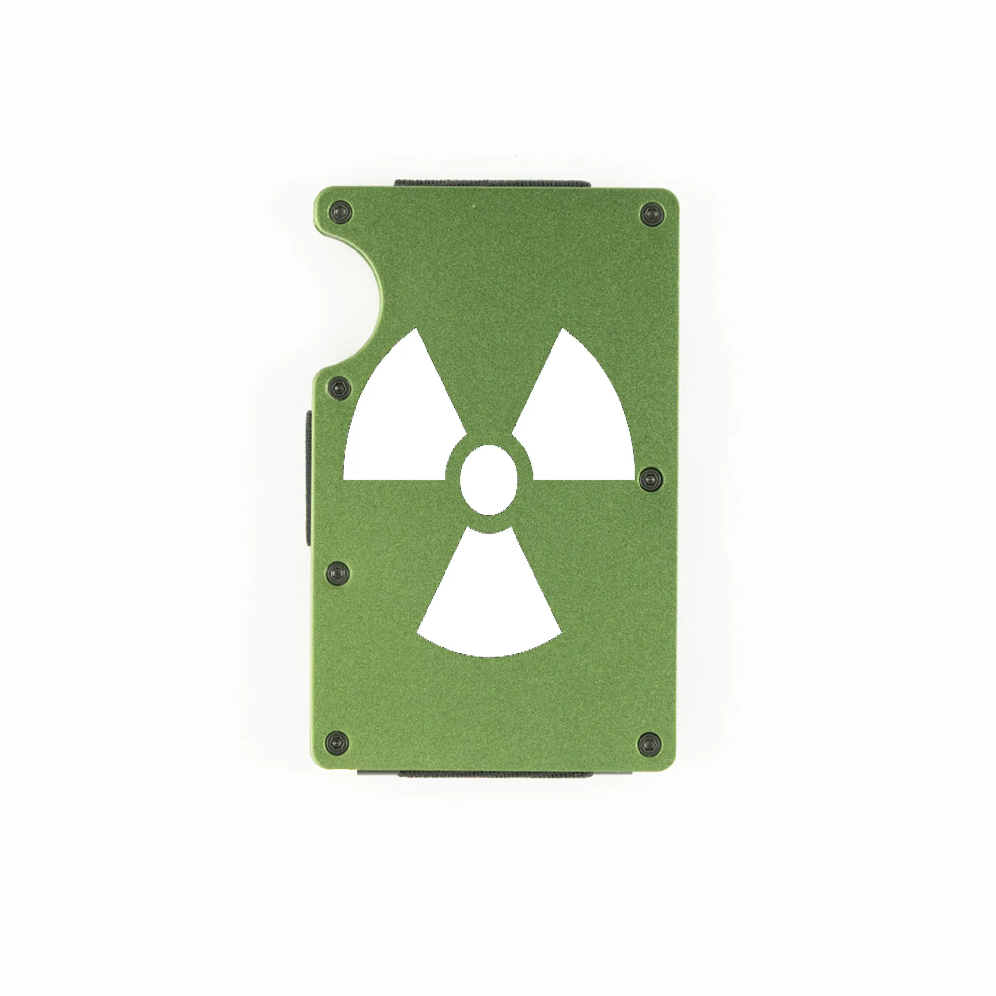 Green aluminum RFID wallet with radioactive symbol engraving