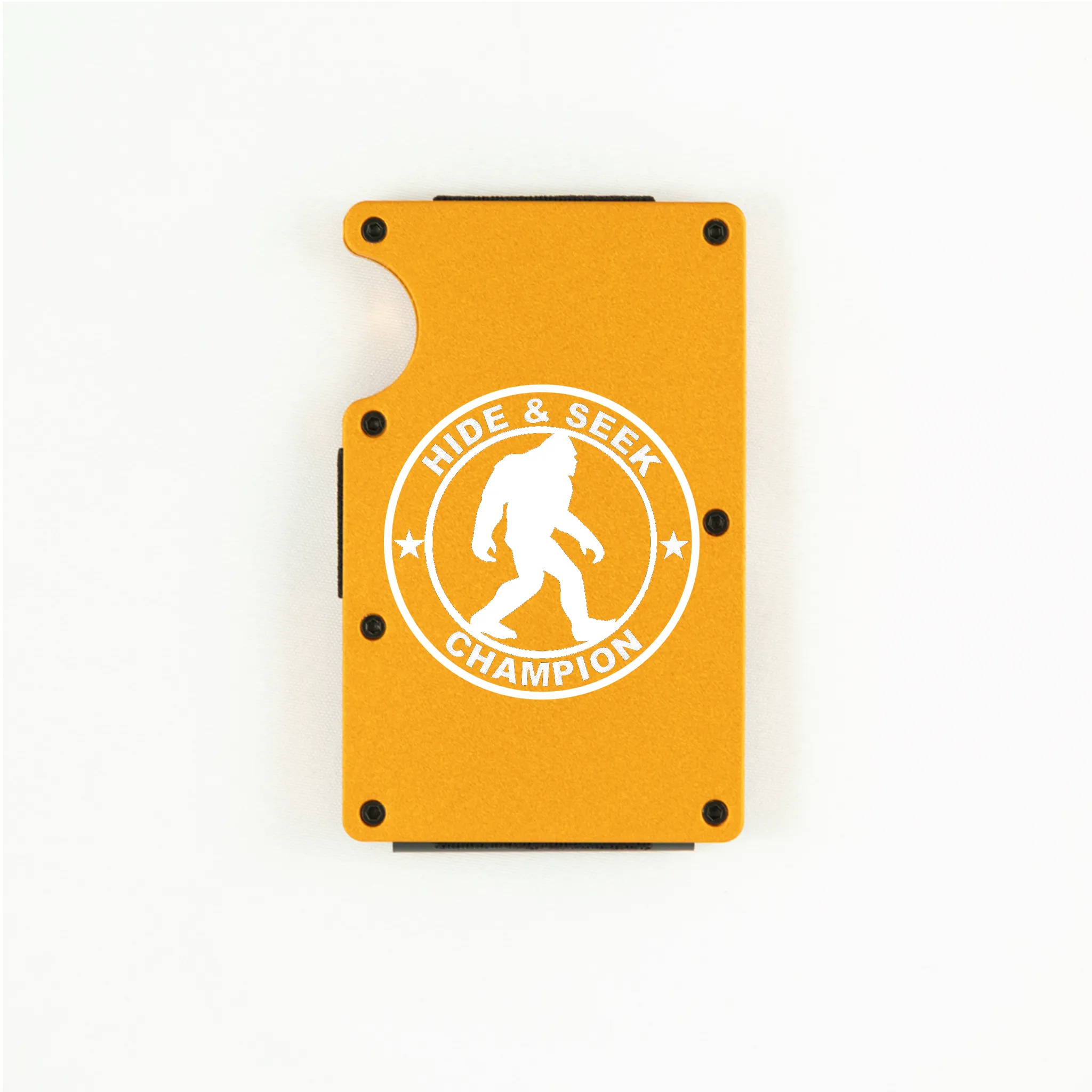 Orange aluminum RFID wallet with engraved Hide and Seek Champion Bigfoot badge