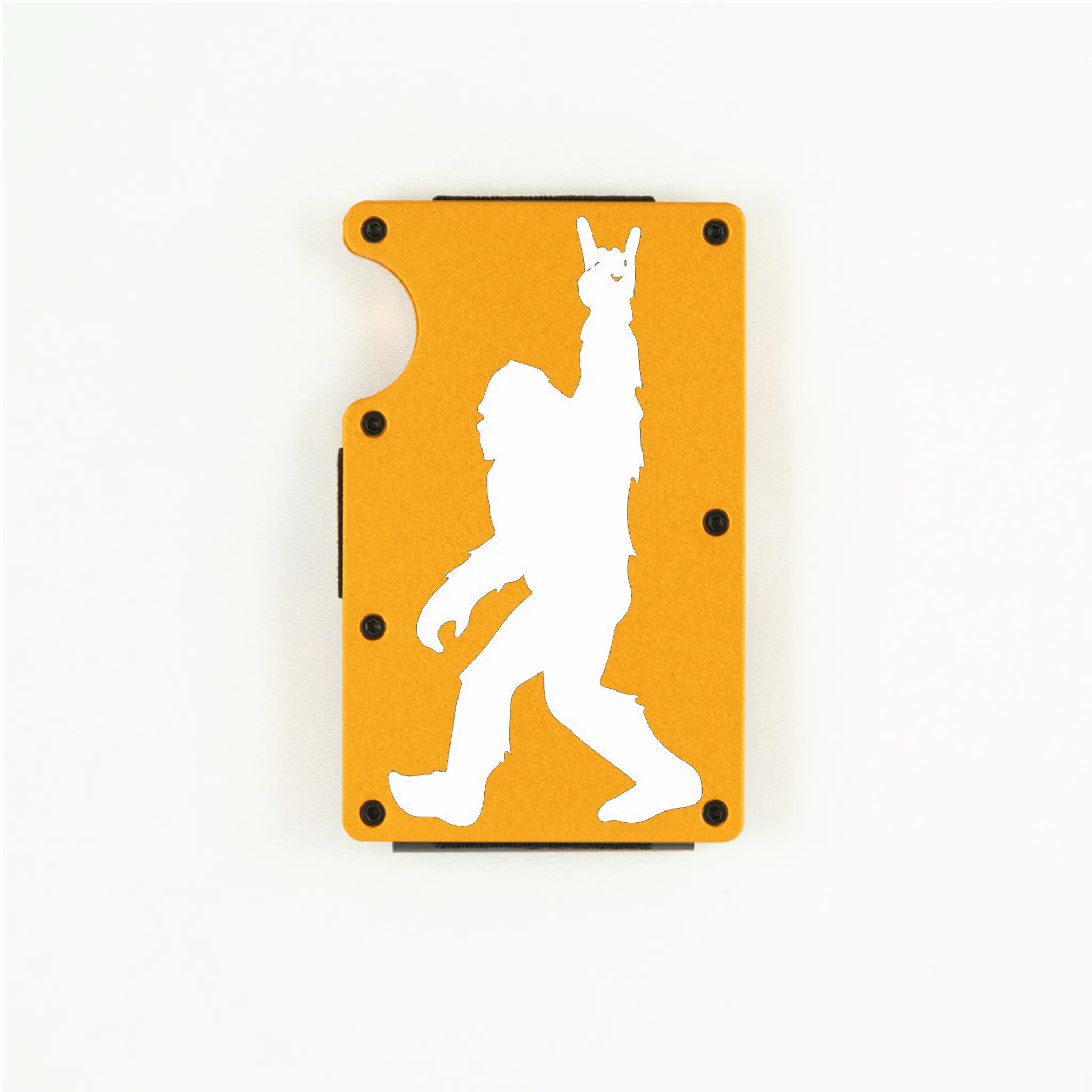Orange aluminum RFID wallet with engraved Bigfoot doing rock on hand gesture