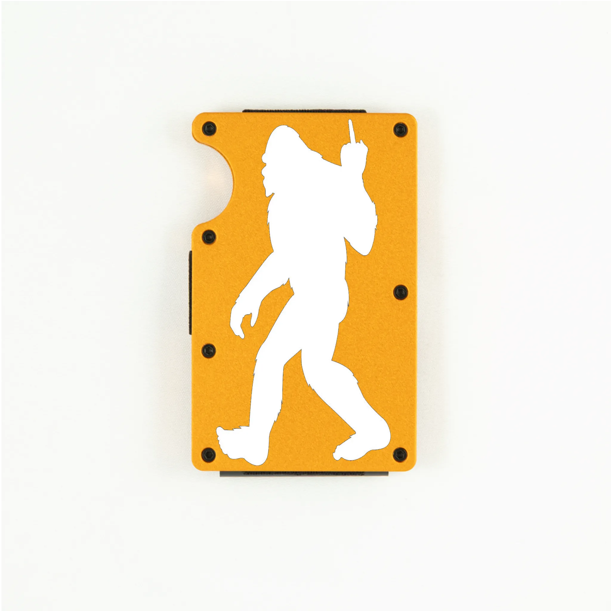 Orange aluminum RFID wallet with Bigfoot flipping the bird engraving