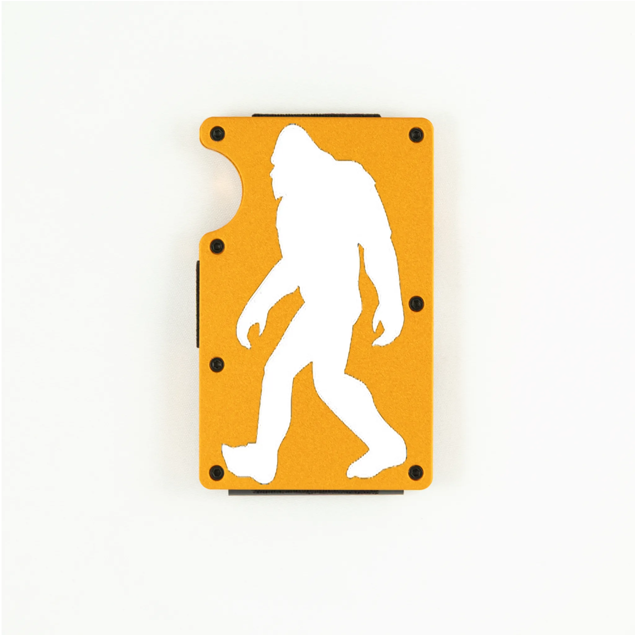 Orange aluminum RFID wallet with engraved Bigfoot walking silhouette