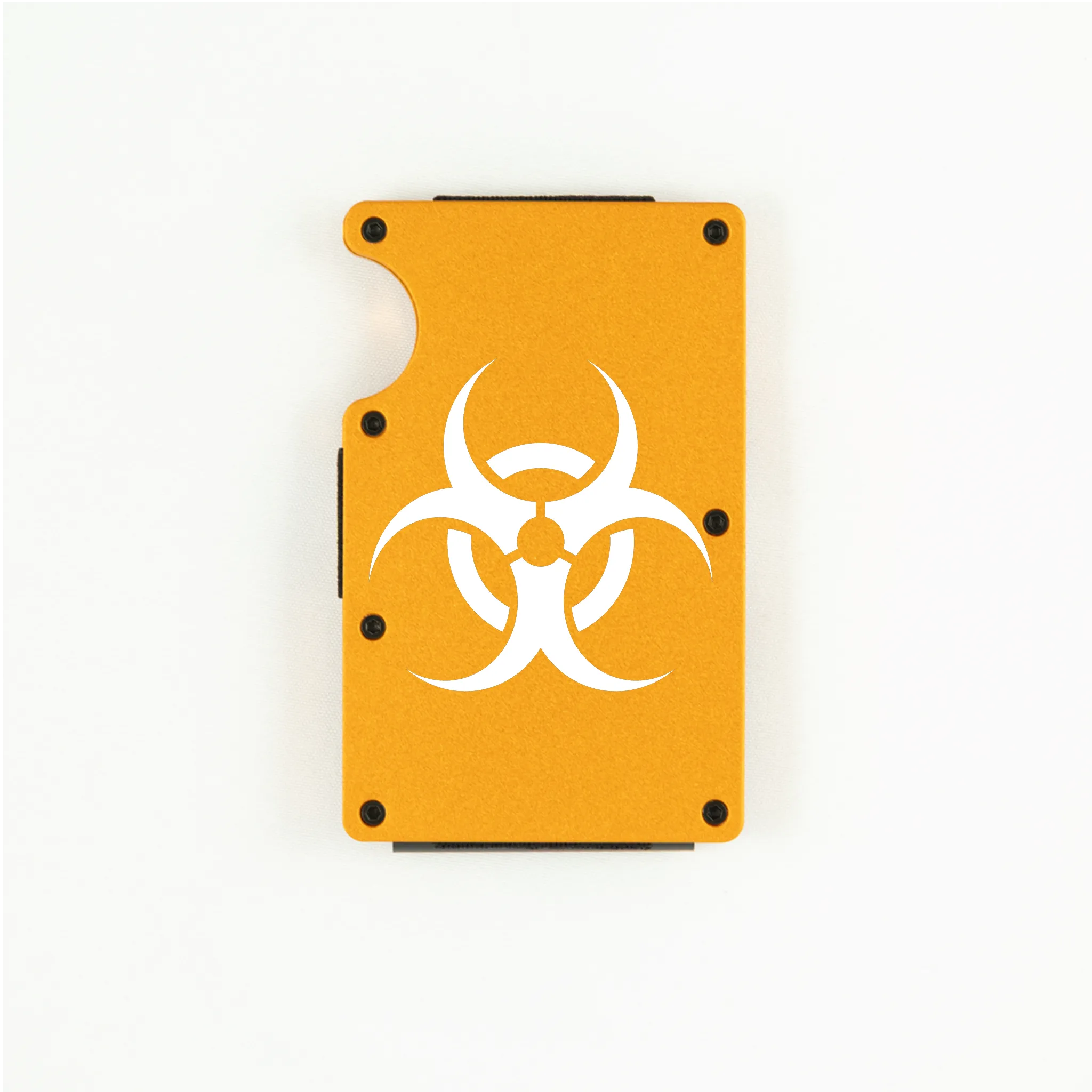 Orange aluminum RFID wallet with biohazard symbol engraving on front
