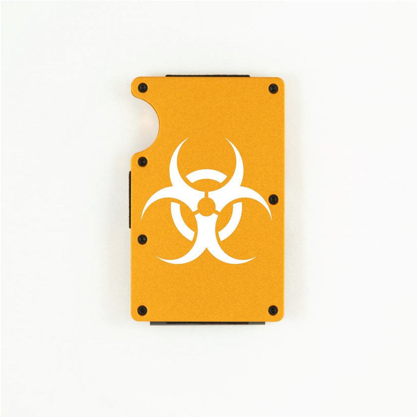 Orange aluminum RFID wallet with biohazard symbol engraving on front