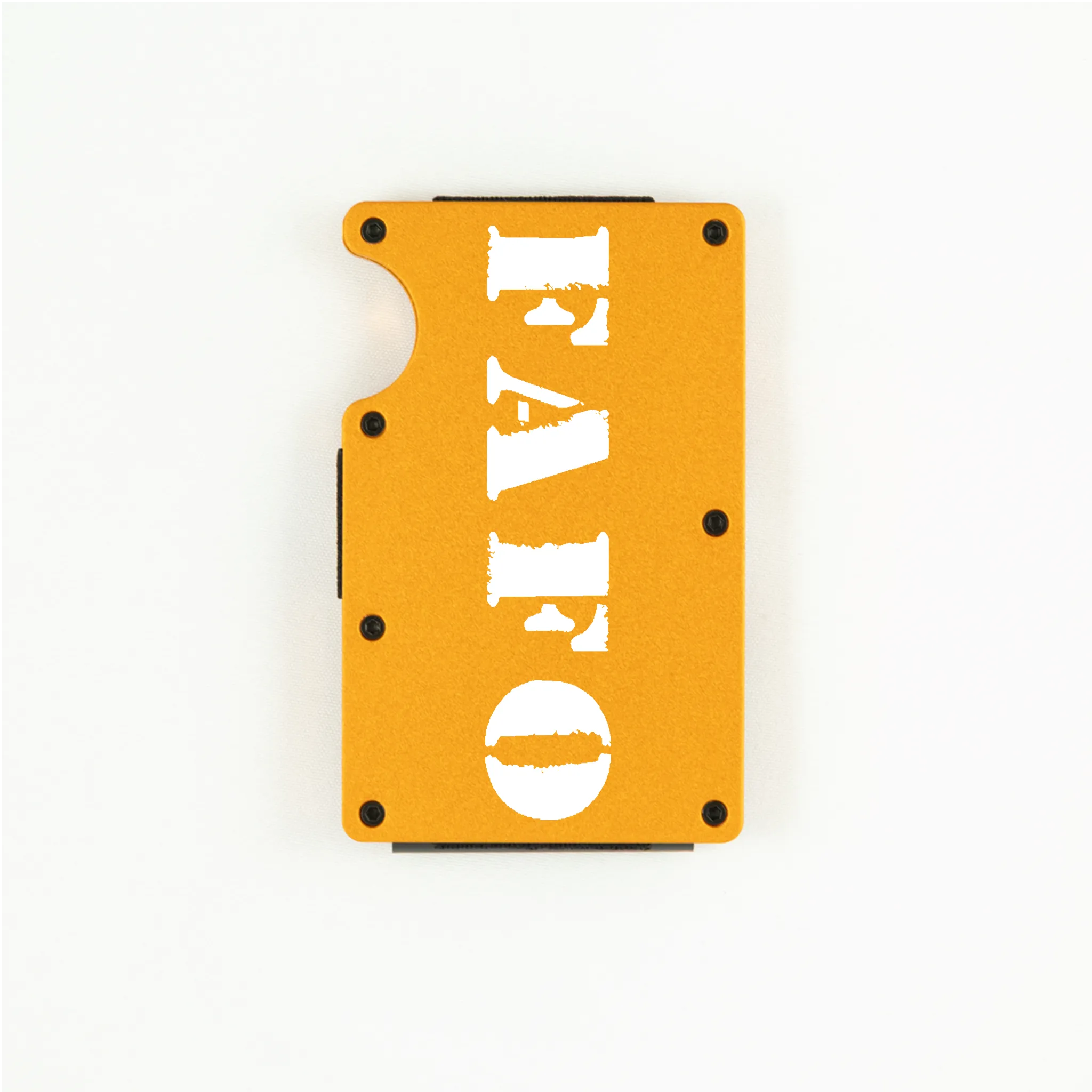 Orange aluminum RFID wallet with bold FAFO stencil engraving on front