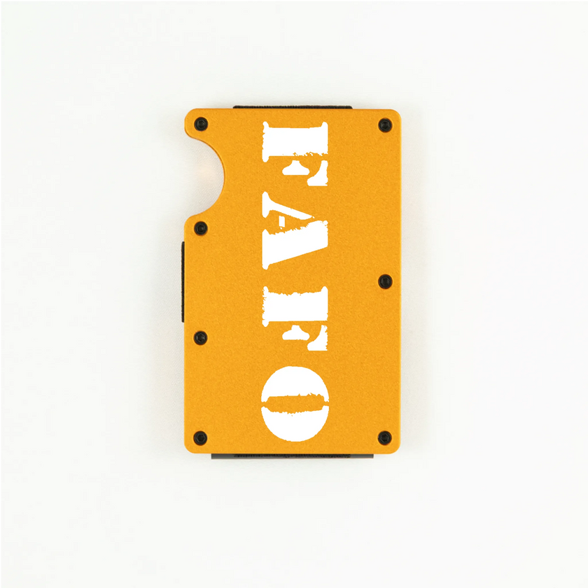Orange aluminum RFID wallet with bold FAFO stencil engraving on front