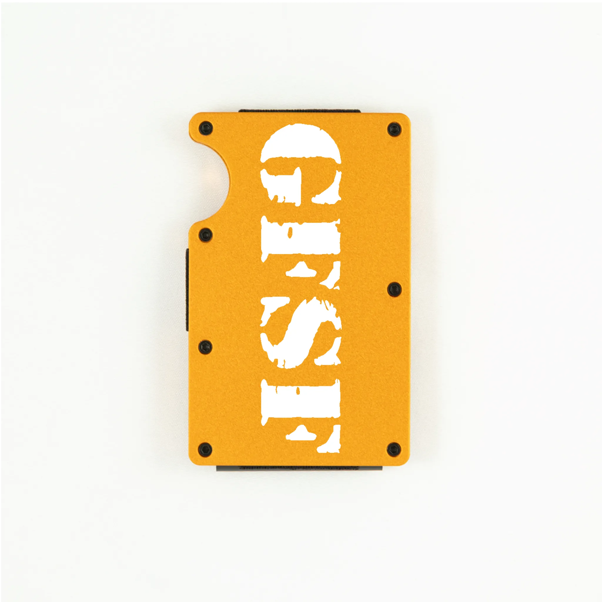 Orange aluminum RFID wallet with GFSF stencil engraving on front