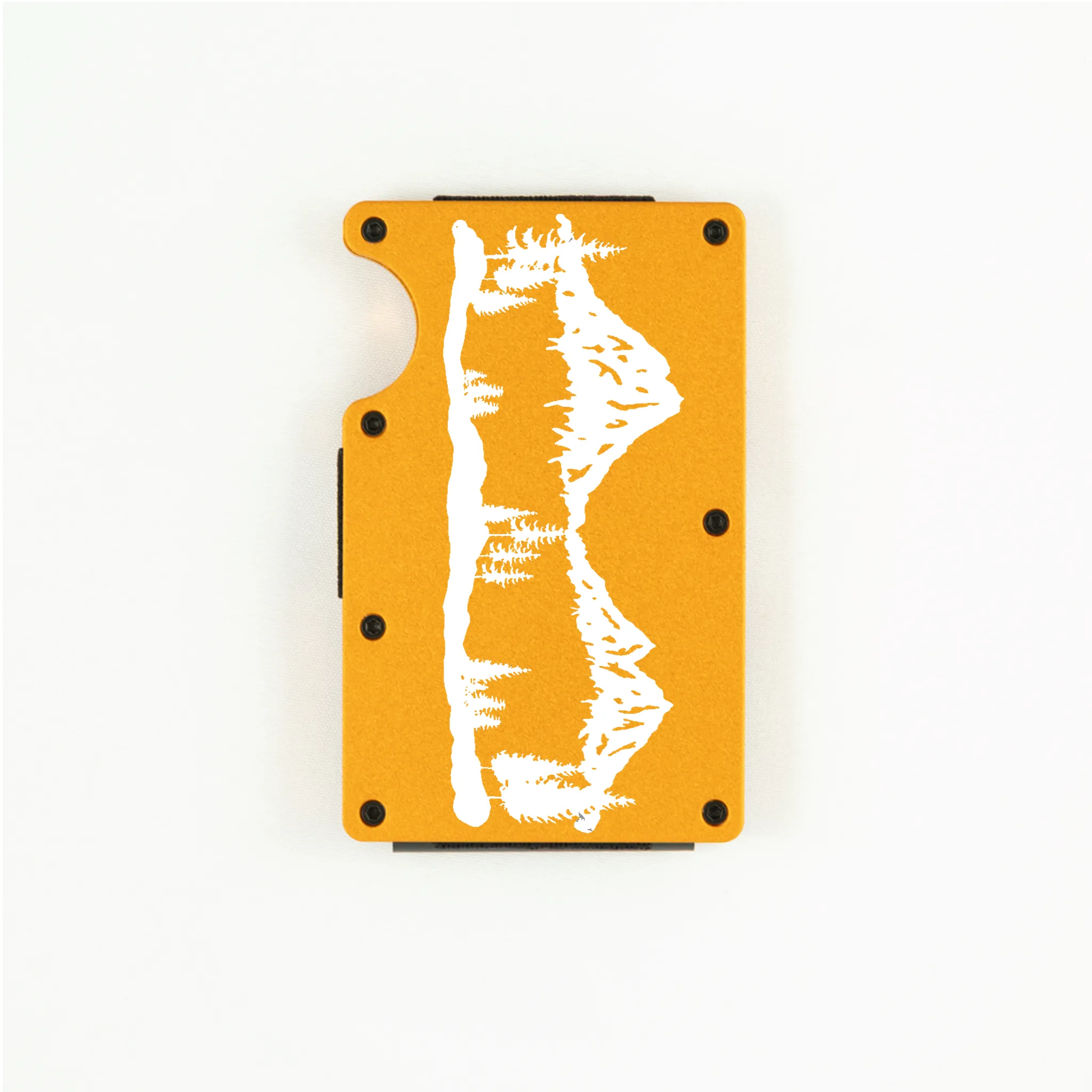 Orange aluminum RFID wallet with laser-engraved mountain range on front