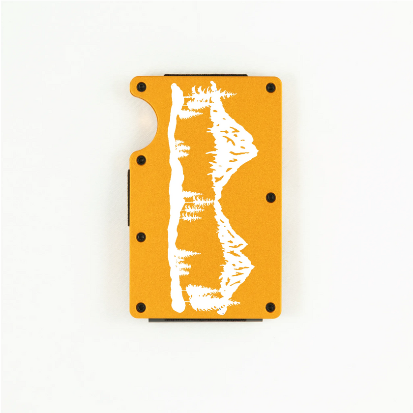 Orange aluminum RFID wallet with laser-engraved mountain range on front