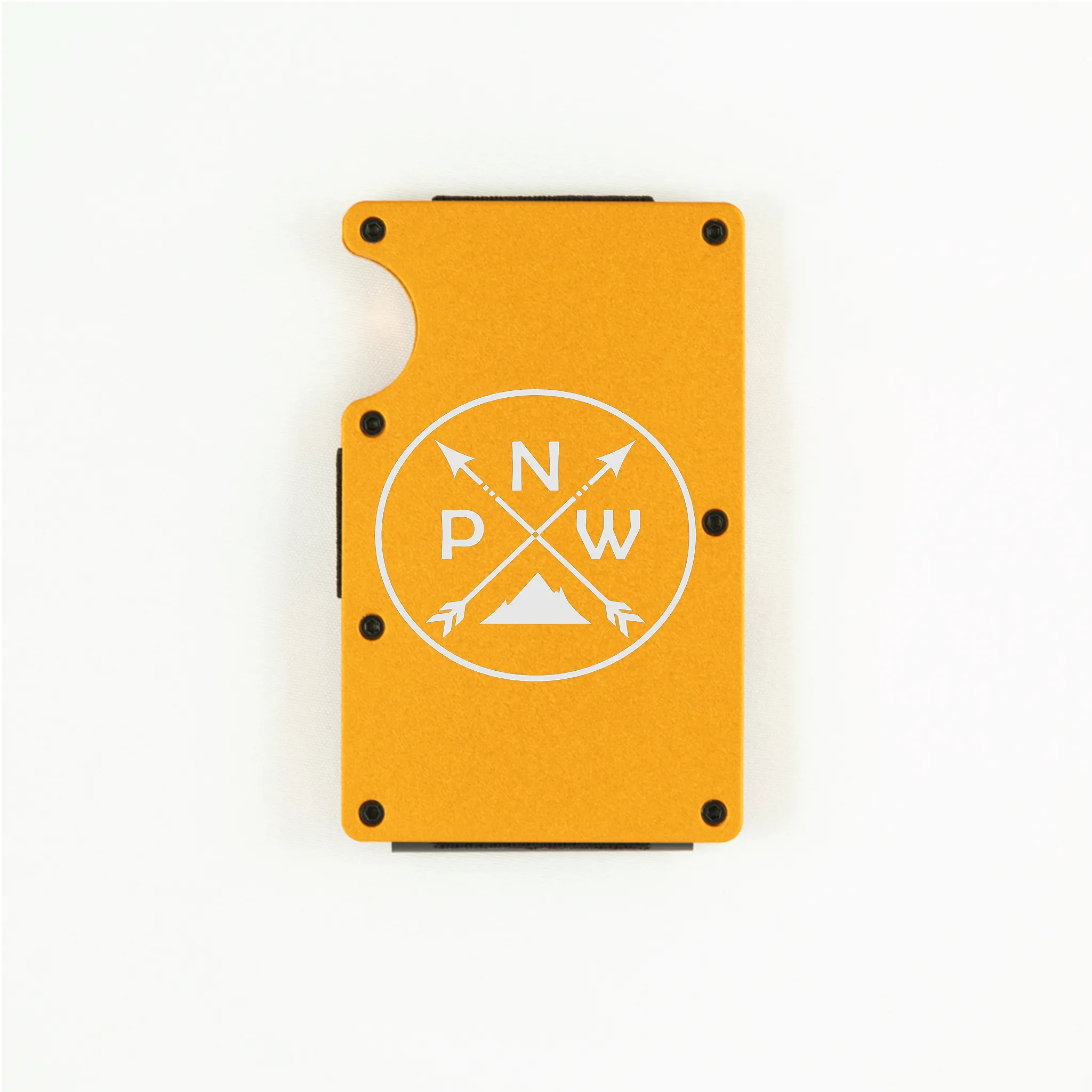 Orange aluminum RFID wallet with PNW mountain and crossed arrows engraving