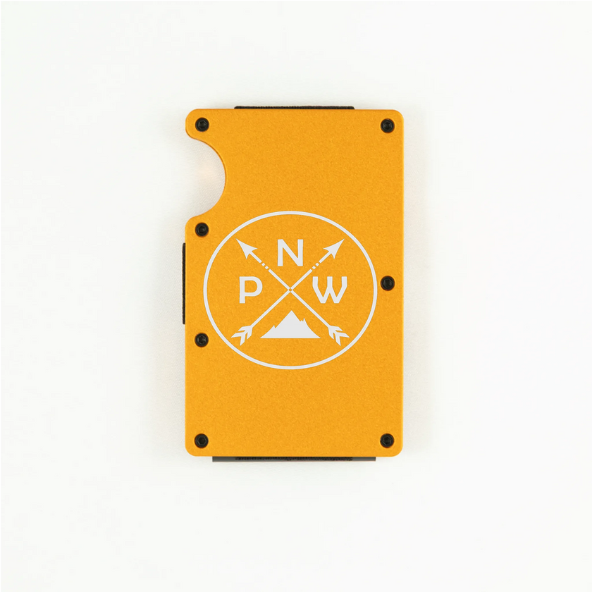 Orange aluminum RFID wallet with PNW mountain and crossed arrows engraving
