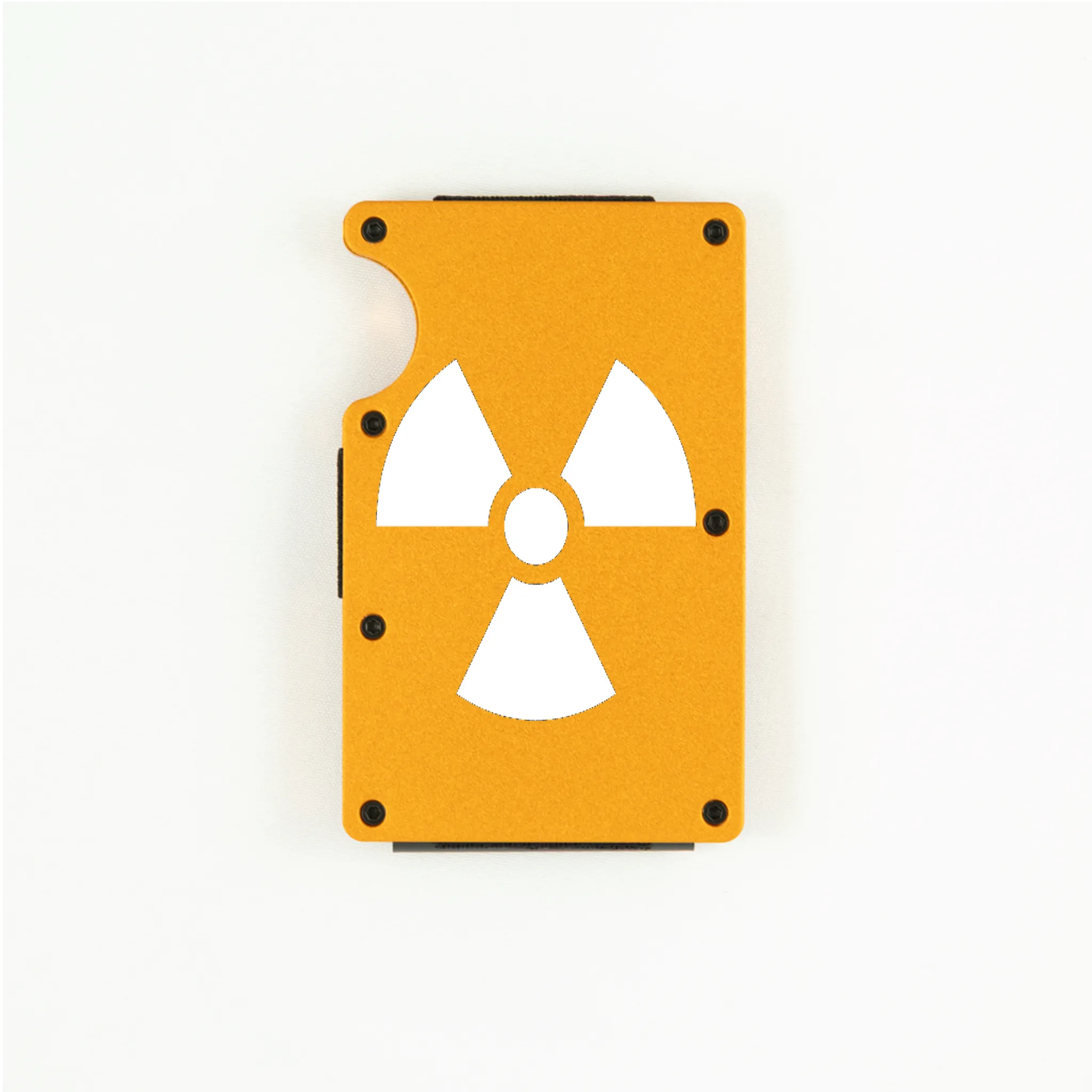 Orange aluminum RFID wallet with radioactive symbol engraving