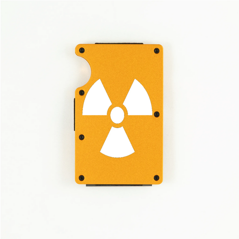 Orange aluminum RFID wallet with radioactive symbol engraving