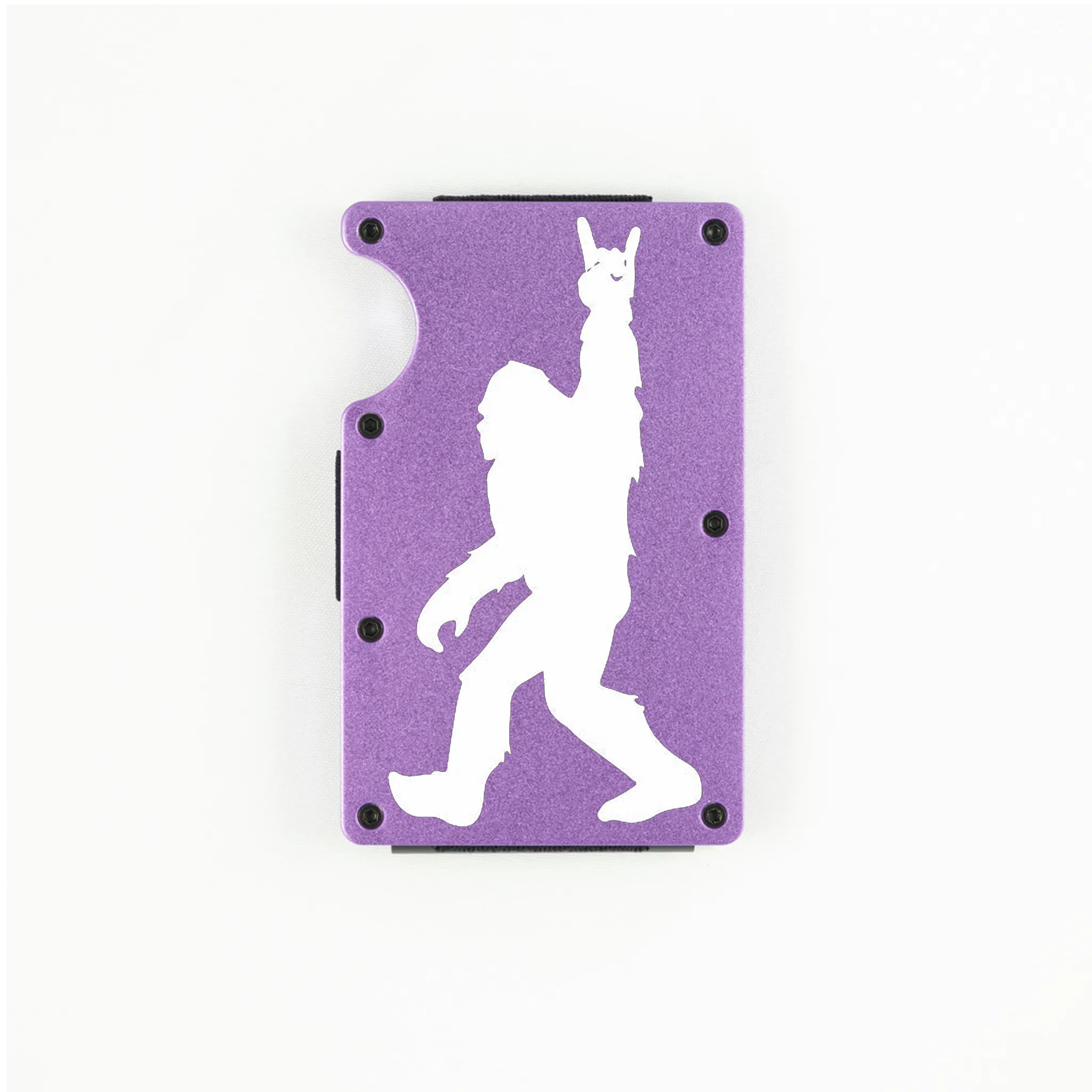 Purple aluminum RFID wallet with engraved Bigfoot doing rock on hand gesture