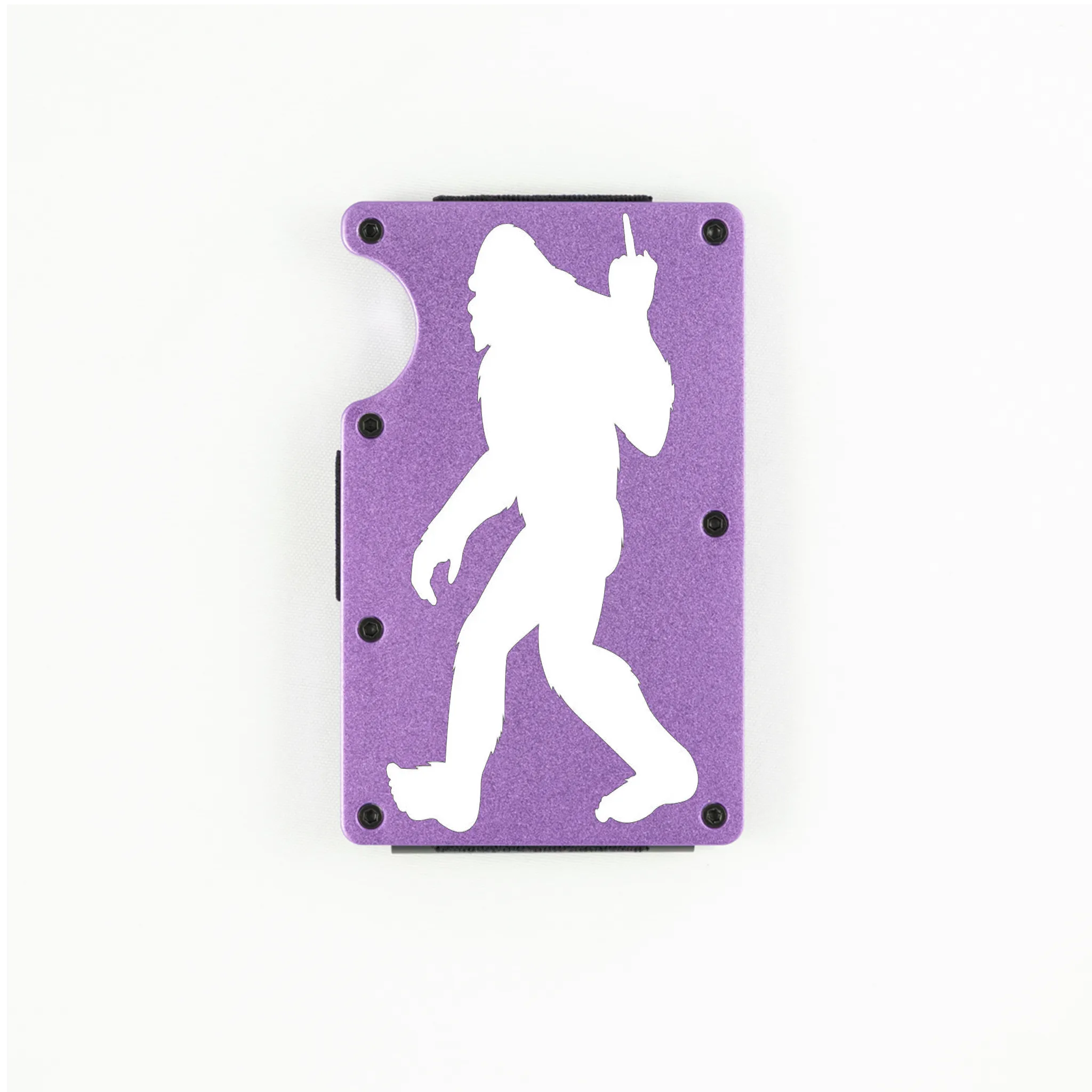 Purple aluminum RFID wallet with Bigfoot flipping the bird engraving