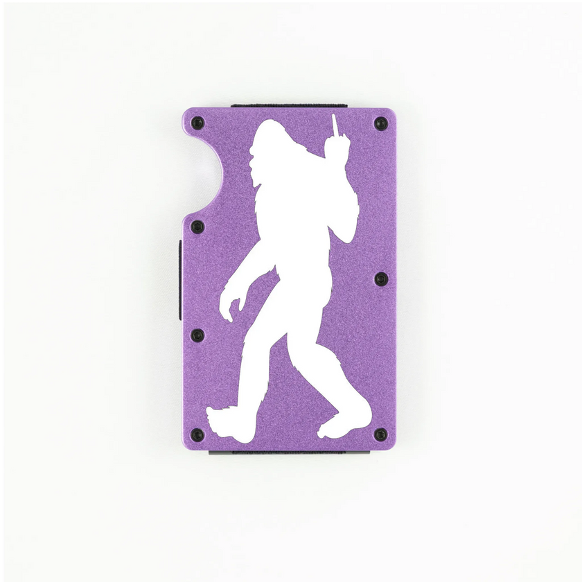 Purple aluminum RFID wallet with Bigfoot flipping the bird engraving