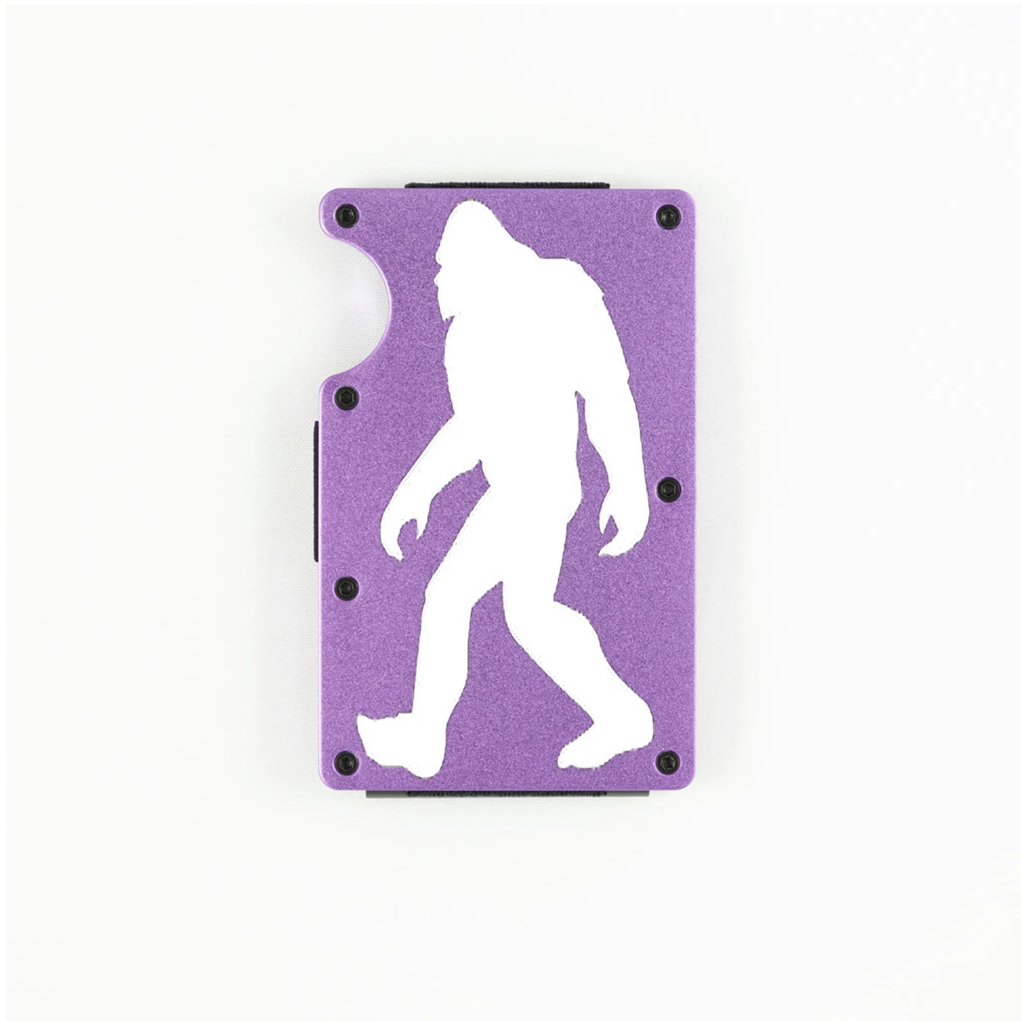 Purple aluminum RFID wallet with engraved Bigfoot walking silhouette