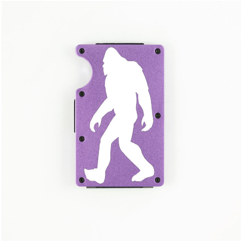 Purple aluminum RFID wallet with engraved Bigfoot walking silhouette