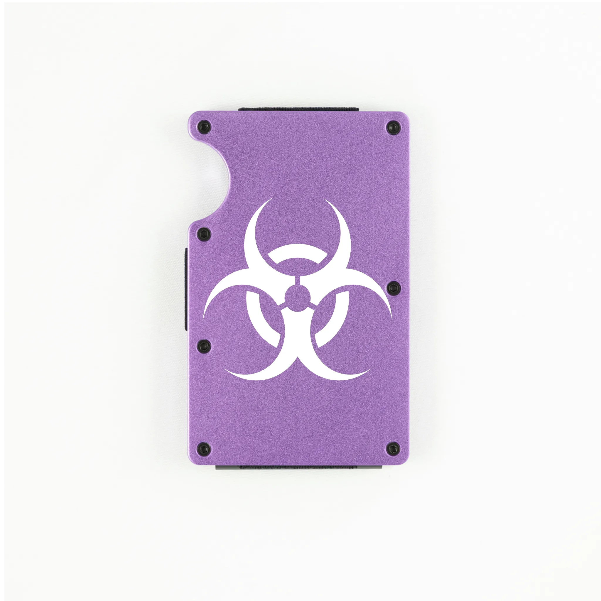 Purple aluminum RFID wallet with biohazard symbol engraving on front