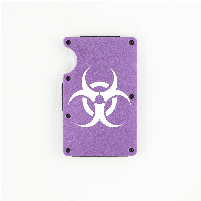 Purple aluminum RFID wallet with biohazard symbol engraving on front